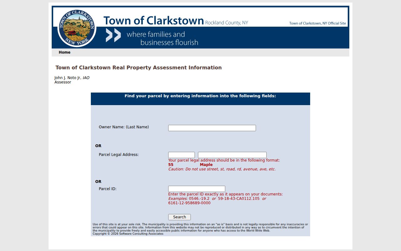 Clarkstown residents directory assessor search with owner, address, and parcel fields